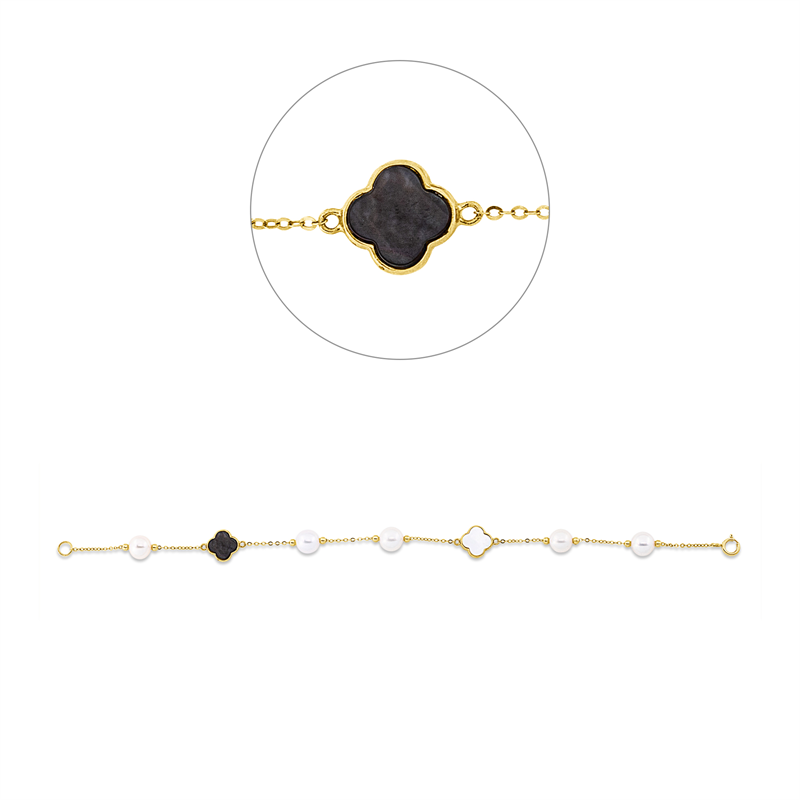 Armband 18 kt GG, 1 Perlmutt schwarz, 1 Perlmutt weiß, 5 SW weiß 6 mm