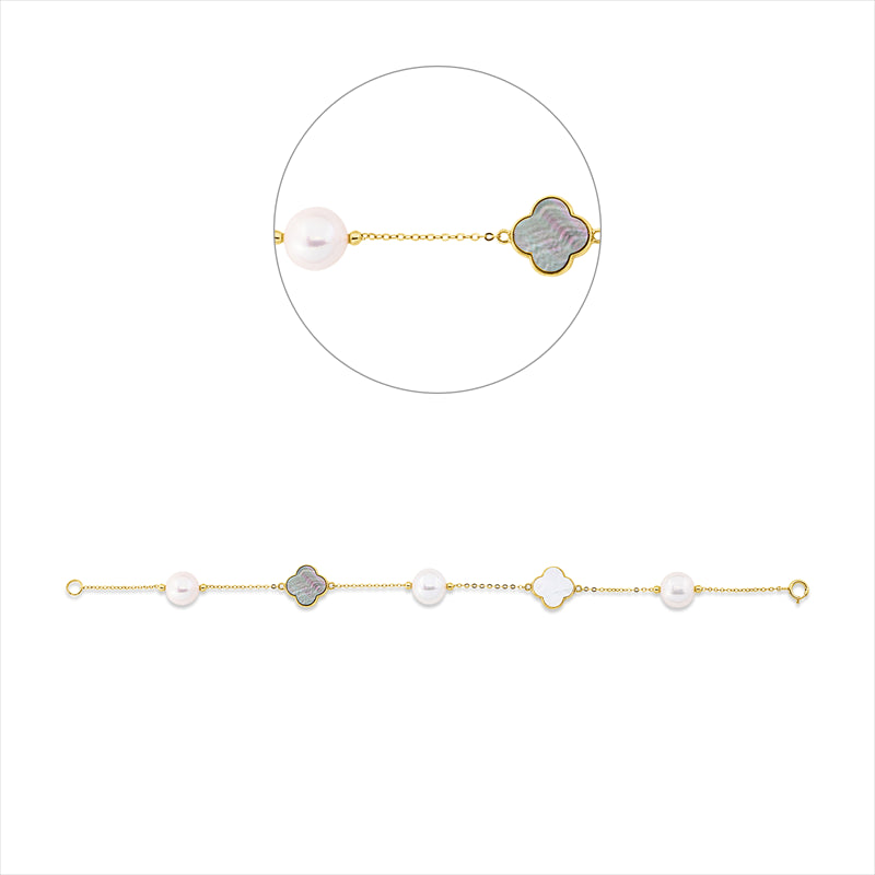 Armband 18 kt GG, 1 Perlmutt weiß 10mm, 1 Perlmutt schwarz 10mm, 3 ZP weiß 8,5 mm