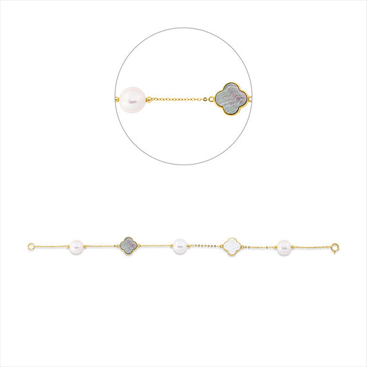 Armband 18 kt GG, 1 Perlmutt weiß 10mm, 1 Perlmutt schwarz 10mm, 3 ZP weiß 8,5 mm