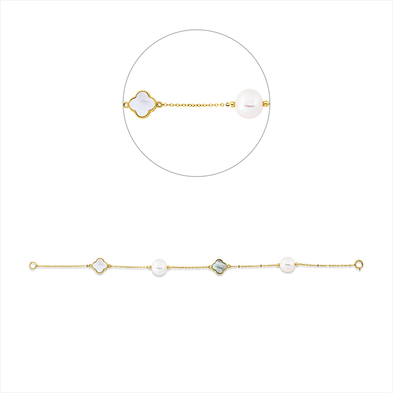 Armband 18 kt GG, 1 Perlmutt multicolor 8mm, 1 Perlmutt schwarz 8mm, 2 ZP weiß 8,5 mm