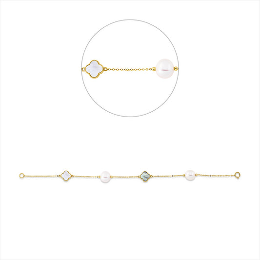 Armband 18 kt GG, 1 Perlmutt multicolor 8mm, 1 Perlmutt schwarz 8mm, 2 ZP weiß 8,5 mm