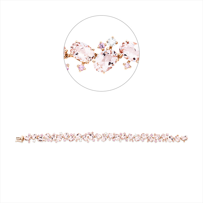 Armband 18 kt RG, 6 Brill. 0,32 ct, TW-si, 25 Morganit 17,50 ct pink, 43 Saphire 1,88 ct pink