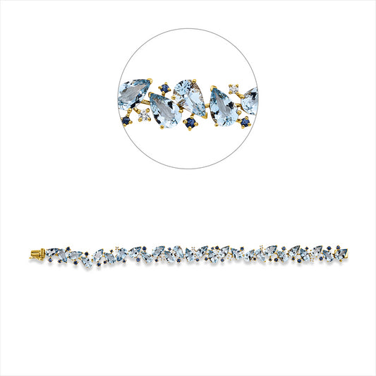 Armband 18 kt GG, 6 Brill. 0,18 ct, TW-si, 26 Aquamarin 15,60 ct blau, 30 Saphire 1,38 ct blau