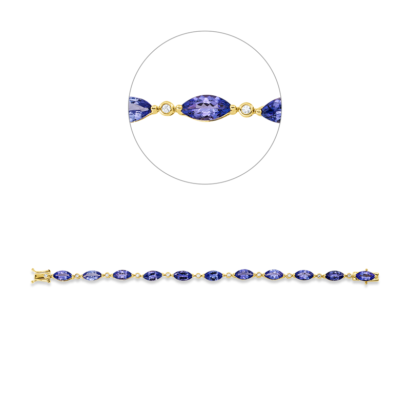Armband 14 kt GG, 11 Brill. 0,18 ct, TW-si, 11 Tansanit 11,38 ct blau