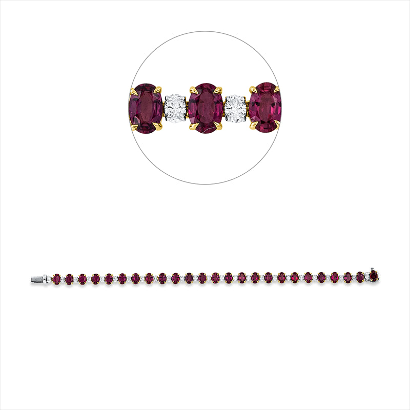 Armband 18 kt GG+WG, 25 Rubine 12,55 ct rot, 25 Oval 2,17 ct, D/TW-vsi/si,
