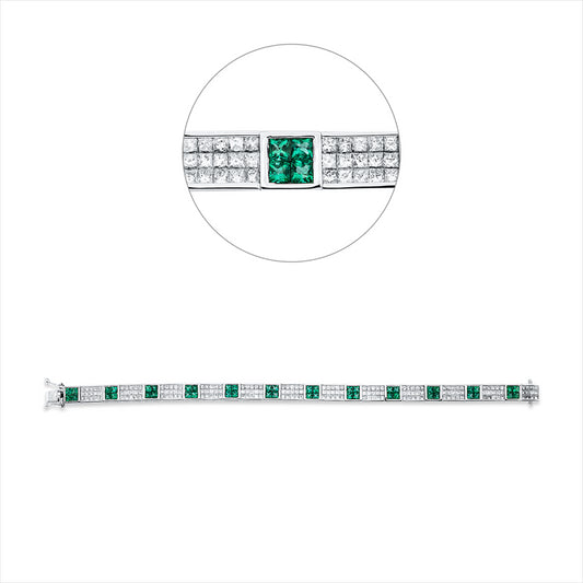 Armband 18 kt WG, 177 Princ. 4,64 ct, TW-vsi, 48 Smaragde 4,10 ct grün