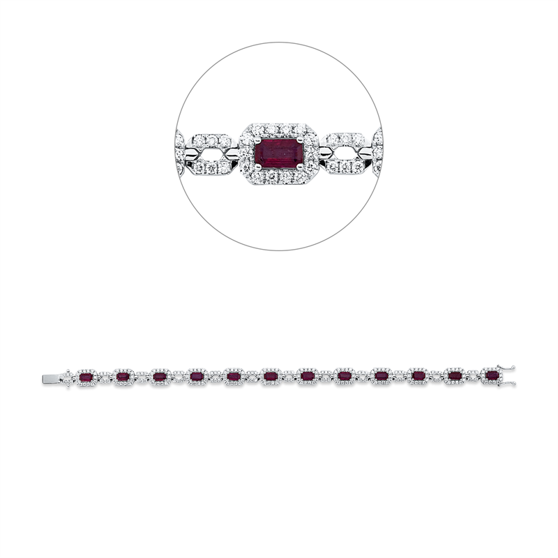 Armband 18 kt WG, 240 Brill. 2,24 ct, F-vsi, 12 Rubine 3,76 ct rot
