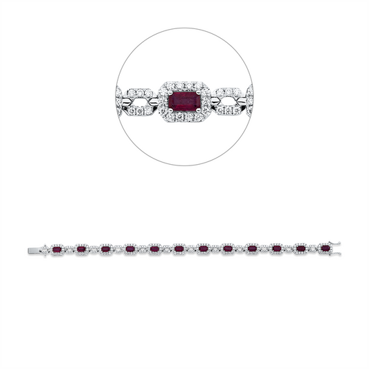 Armband 18 kt WG, 240 Brill. 2,24 ct, F-vsi, 12 Rubine 3,76 ct rot