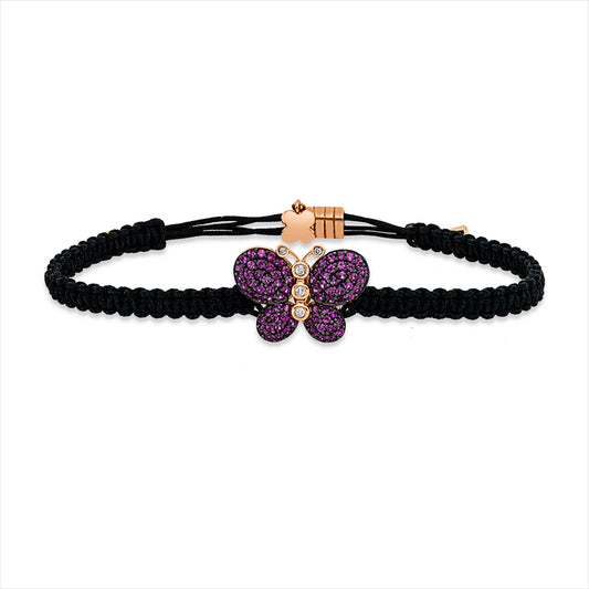 Armband 18 kt RG, schwarzes cord, 5 Brill. 0,06 ct, I-pi, 78 Rubine 0,92 ct rot