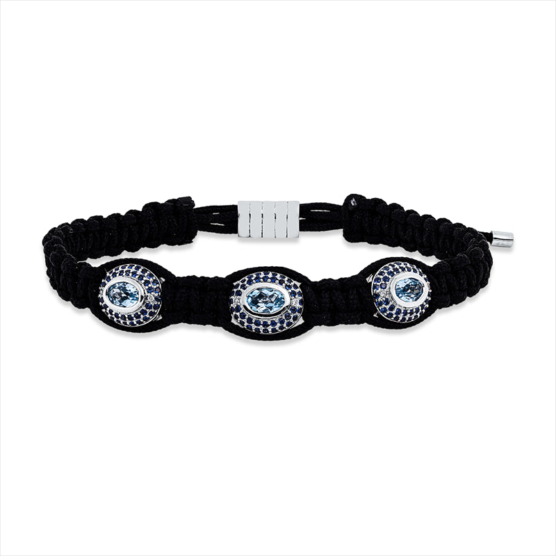 Armband 18 kt WG, schw cord, 6 Brill. 0,04 ct, I-vsi, 3 Top 1,67 ct blau, 126 Sap 0,81 ct blau