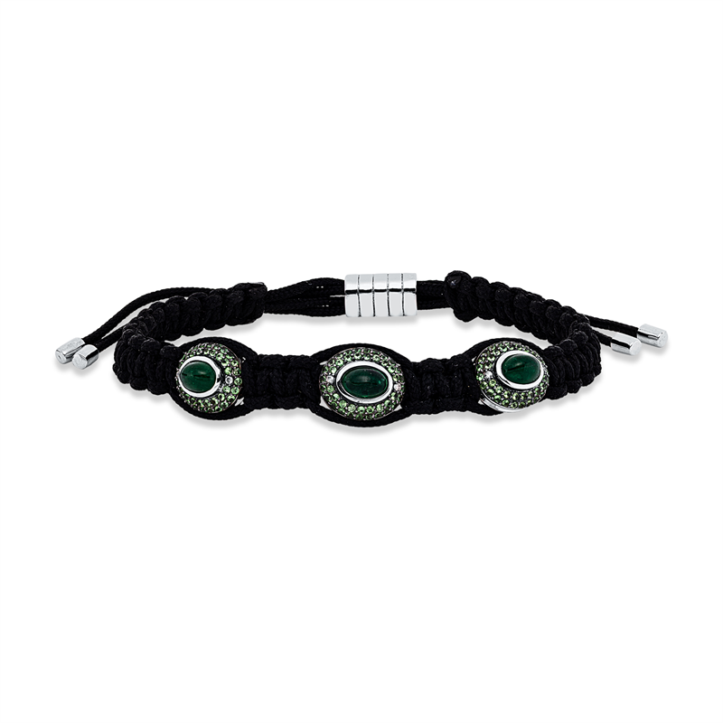 Armband 18 kt WG, 6 Brill. 0,04 ct, I-si, 3 Smaragde 1,84 ct grün, 126 Tsavorith 0,70 ct grün
