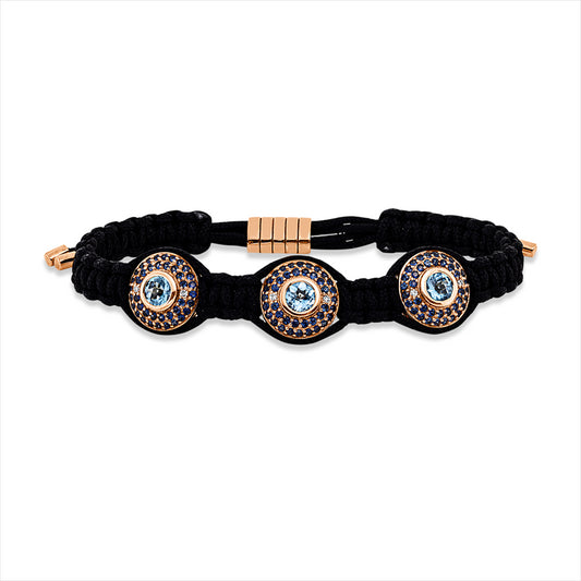 Armband 18 kt RG, schwarzes cord, 6 Brill. 0,06 ct, I-vsi, 3 Topase 1,66 ct blau, 120 Saphire 1,38 ct blau