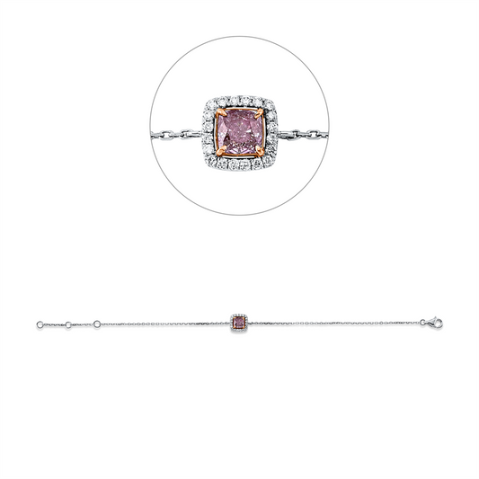 Armband 18 kt WG+RG, mit ZÖ 15 cm + 16,5 cm, 20 Brill. 0,11 ct, TW-si, 1 Cushion 0,59 ct, pink