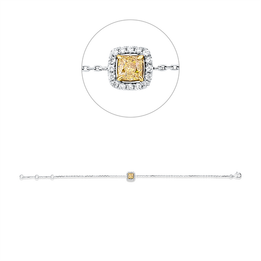 Armband 18 kt WG+GG, mit ZÖ 15 cm + 16,5 cm, 16 Brill. 0,09 ct, TW-si, 1 Cushion 0,42 ct, gelb
