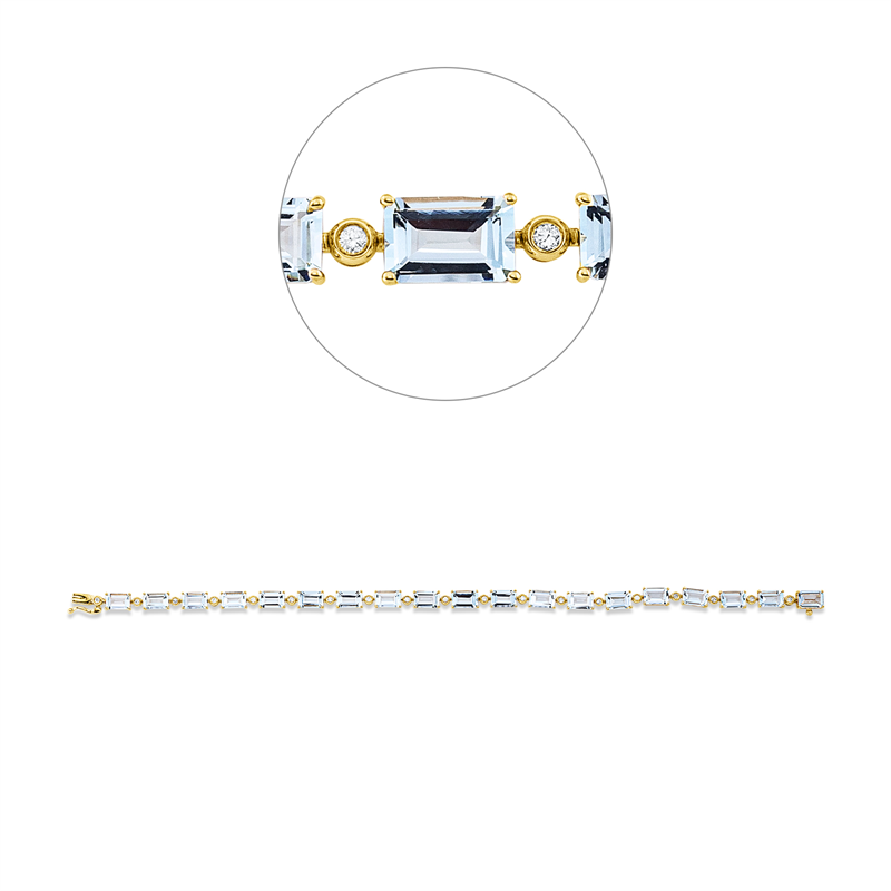 Armband 18 kt GG, 19 Brill. 0,21 ct, TW-si, 19 Aquamarin 8,70 ct blau