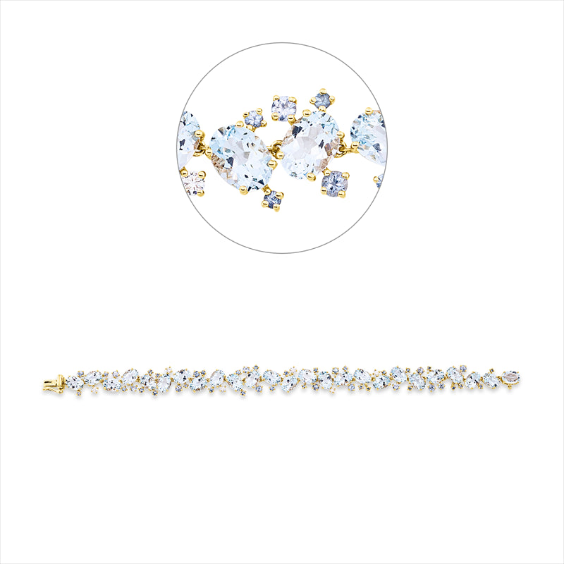 Armband 18 kt GG, 6 Brill. 0,34 ct, TW-si, 43 Saphire 2,10 ct blau, 25 Aquamarin 18,00 ct blau