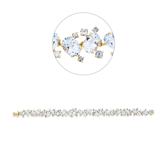 Armband 18 kt GG, 6 Brill. 0,34 ct, TW-si, 43 Saphire 2,10 ct blau, 25 Aquamarin 18,00 ct blau