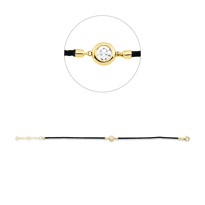 Armband 18 kt GG, Black cord, ZÖ 15+16,5 cm, 1 Brill. 0,24 ct, TW-si