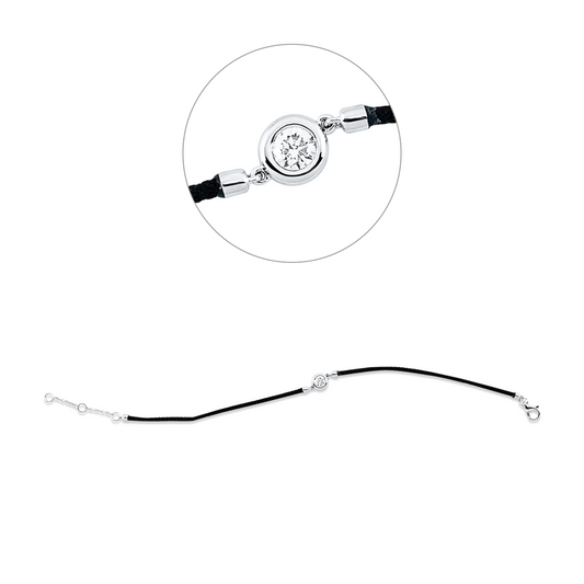 Armband 18 kt WG, Black cord, ZÖ 15+16,5 cm, 1 Brill. 0,23 ct, TW-si