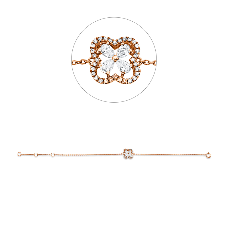 Armband 18 kt RG, 4 Tropfen 0,25 ct, TW-vsi, 32 Brill. 0,09 ct, TW-si