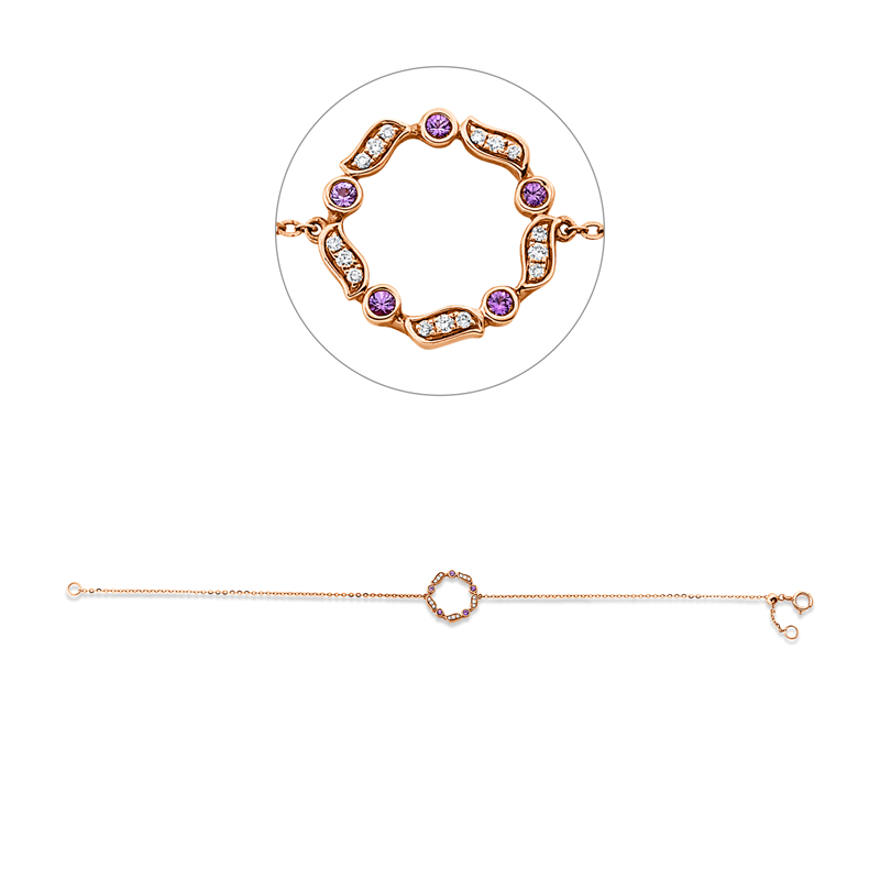 Armband 18 kt RG, 15 Brill. 0,04 ct, TW-si, 5 Saphire 0,07 ct pink