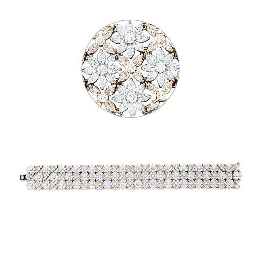 Armband 18 kt WG, 364 Nav. 15,12ct, 42 Brill. 1,81ct, F-vvs/vs, 168 Nav. 7,20ct, 42 Brill. 1,63ct, gelb