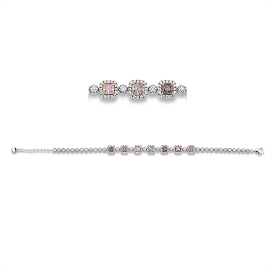 Armband 18 kt WG+RG, mit ZÖ 16cm, 112 Brill. 0,64 ct, TW-si, 30 Brill. 1,54 ct, TW-si, 7 Cushion 2,49 ct, pink-vsi/si