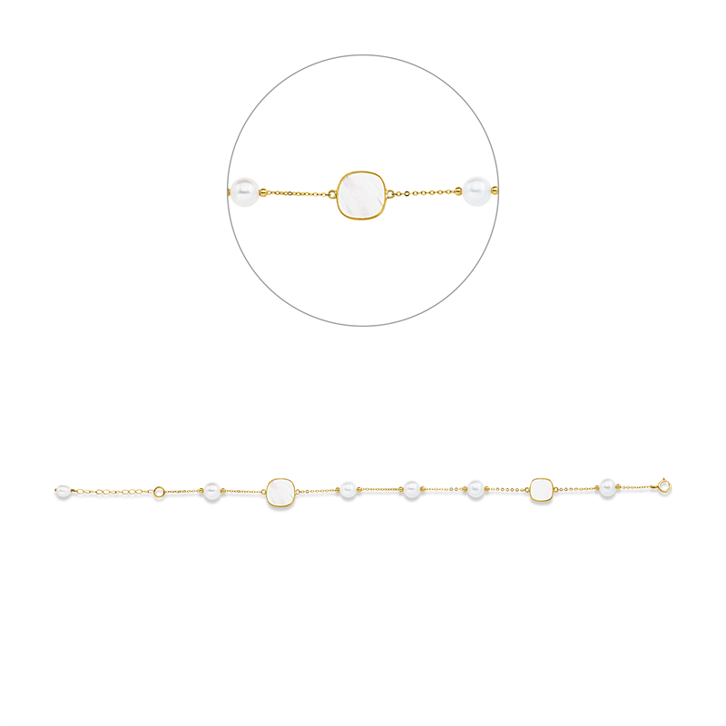 Armband 18 kt GG, 1 Perlmutt weiß, 1 Perlmutt weiß, 1 SW weiß 4,5 mm, 5 SW weiß 6 mm