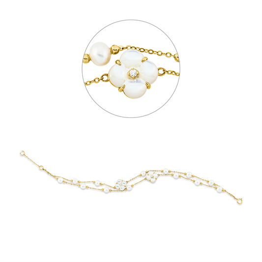 Armband 18 kt GG, mit ZÖ 19 cm, 4 Brill. 0,06 ct, TW-si, 8 Perlmutt weiß, 13 SW weiß 4,5 mm