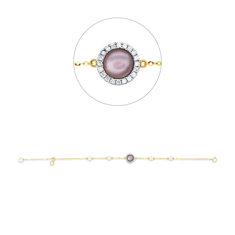 Armband 18 kt GG,rho, Silikonverschl, 20 Br 0,14 ct,TW-si,1 Perlm rosa, 1 SW weiß 4,5 mm, 4 SW weiß 4 mm