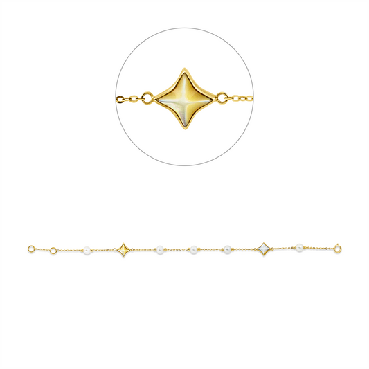 Armband 18 kt GG, mit ZÖ 18 cm, 1 Perlmutt weiß, 1 Perlmutt gold, 5 SW weiß 4,5 mm