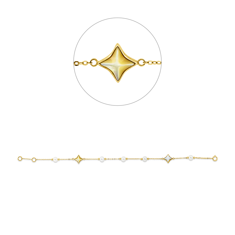 Armband 18 kt GG, mit ZÖ 18 cm, 2 Perlmutt weiß, 2 Perlmutt gold, 5 SW weiß 4,5 mm