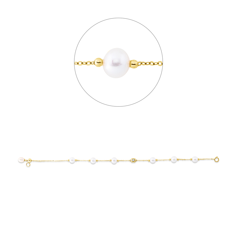 Armband 18 kt GG, Fassung rhodiniert, ZÖ 17 cm, 1 Brill. 0,02 ct, TW-si, 1 ZP weiß 5 mm, 6 ZP weiß 6 mm
