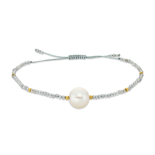 Armband 14 kt GG, 76 Labradonit 11,40 ct grau, 1 SS weiß 10 mm