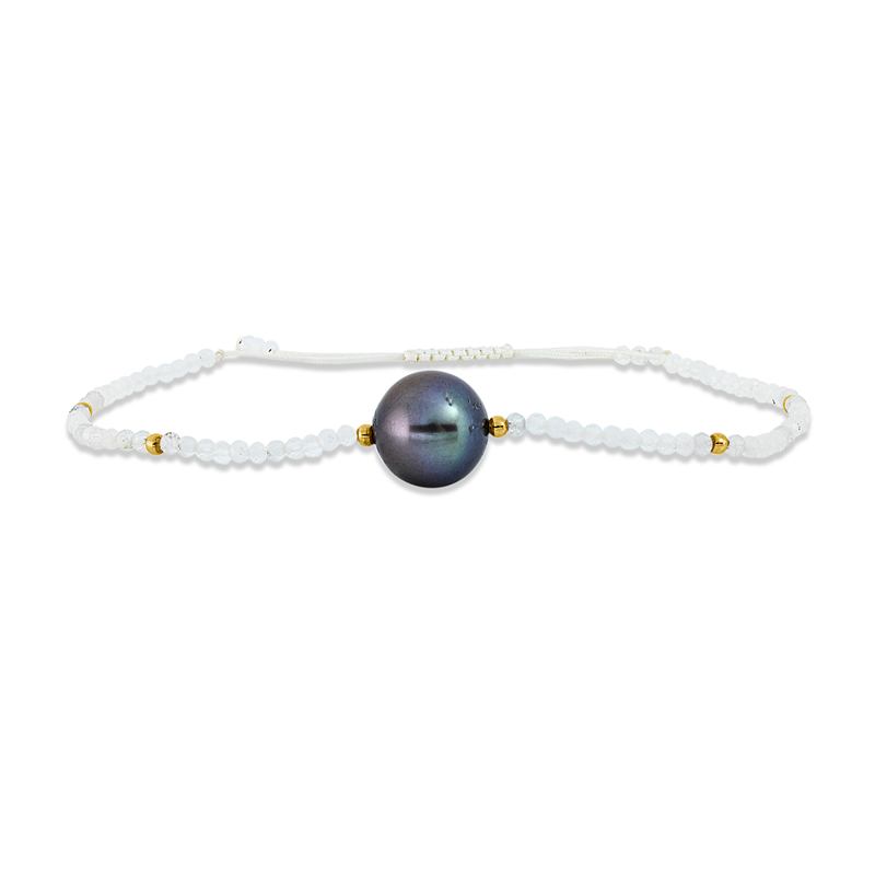 Armband 14 kt GG, 74 Mondsteine 11,10 ct weiß, 1 SS schwarz 10 mm