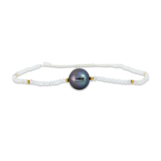 Armband 14 kt GG, 74 Mondsteine 11,10 ct weiß, 1 SS schwarz 10 mm