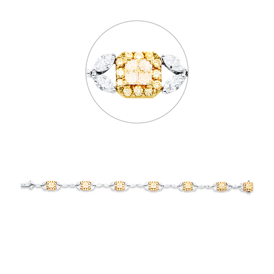 Armband 18 kt GG+WG, 40 Nav. 3,70 ct, TW-si, 28 Princ. 1,57 ct, gelb, 84 Brill. 1,49 ct, gelb