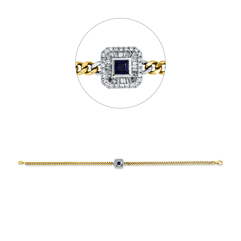 Armband 18 kt GG+WG, 28 Trap. 0,14 ct, TW-si, 26 Brill. 0,10 ct, TW-si, 1 Saphir 0,15 ct blau