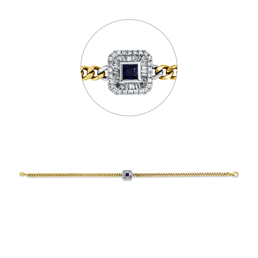 Armband 18 kt GG+WG, 28 Trap. 0,14 ct, TW-si, 26 Brill. 0,10 ct, TW-si, 1 Saphir 0,15 ct blau