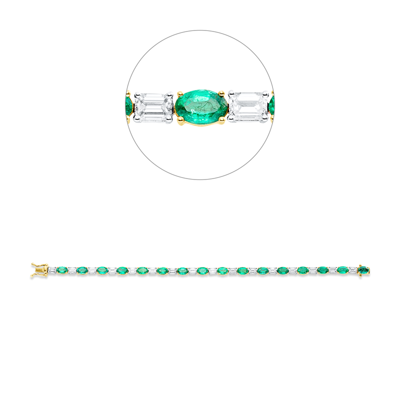 Armband 18 kt GP, 16 Bag. 3,77 ct, TW-si, 16 Smaragde 10,70 ct grün
