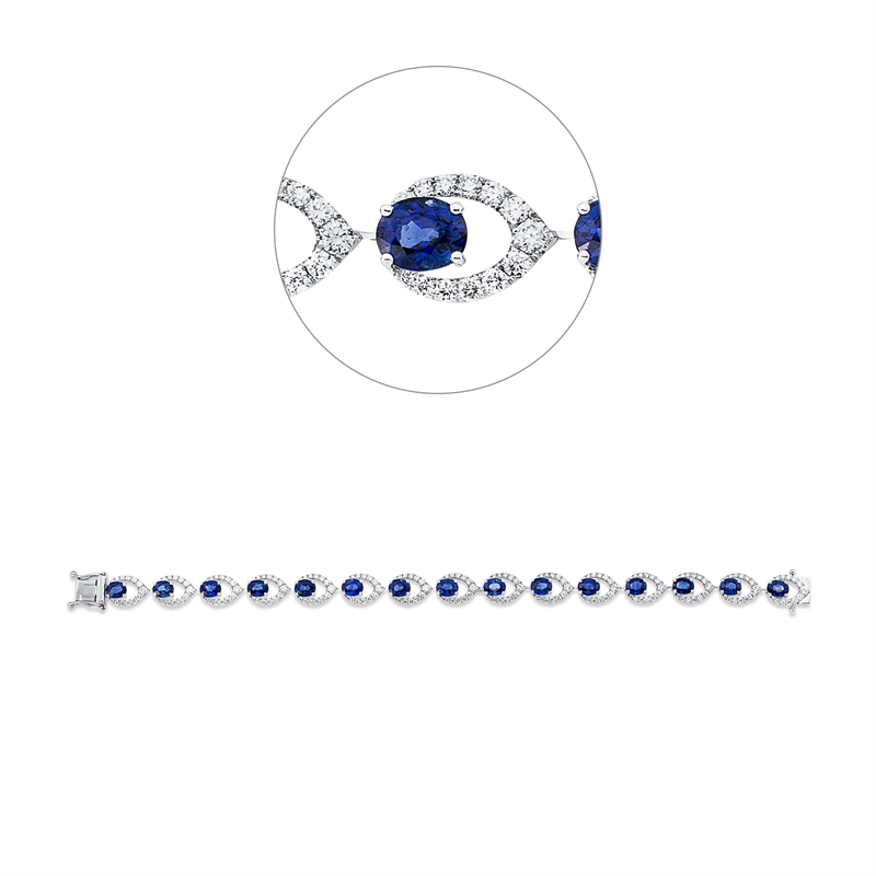 Armband 18 kt WG, 195 Brill. 2,06 ct, F-vvs/vs, 15 Saphire 7,36 ct blau