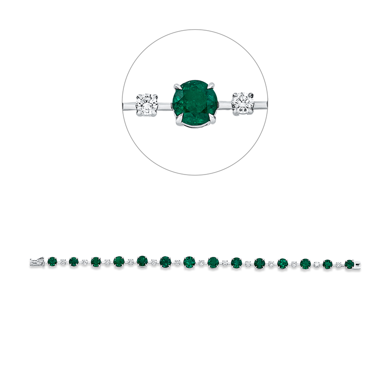 Armband 18 kt WG, 14 Brill. 1,10 ct, F-vvs/vs, 14 Smaragde 8,13 ct grün