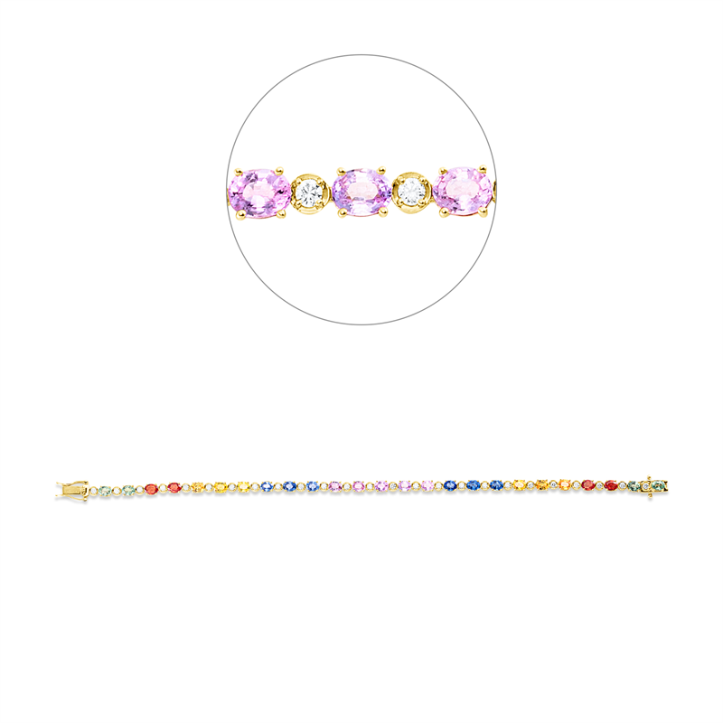 Armband 18 kt GG, 25 Brill. 0,52 ct, F-si, 25 Saphire 5,91 ct fancy