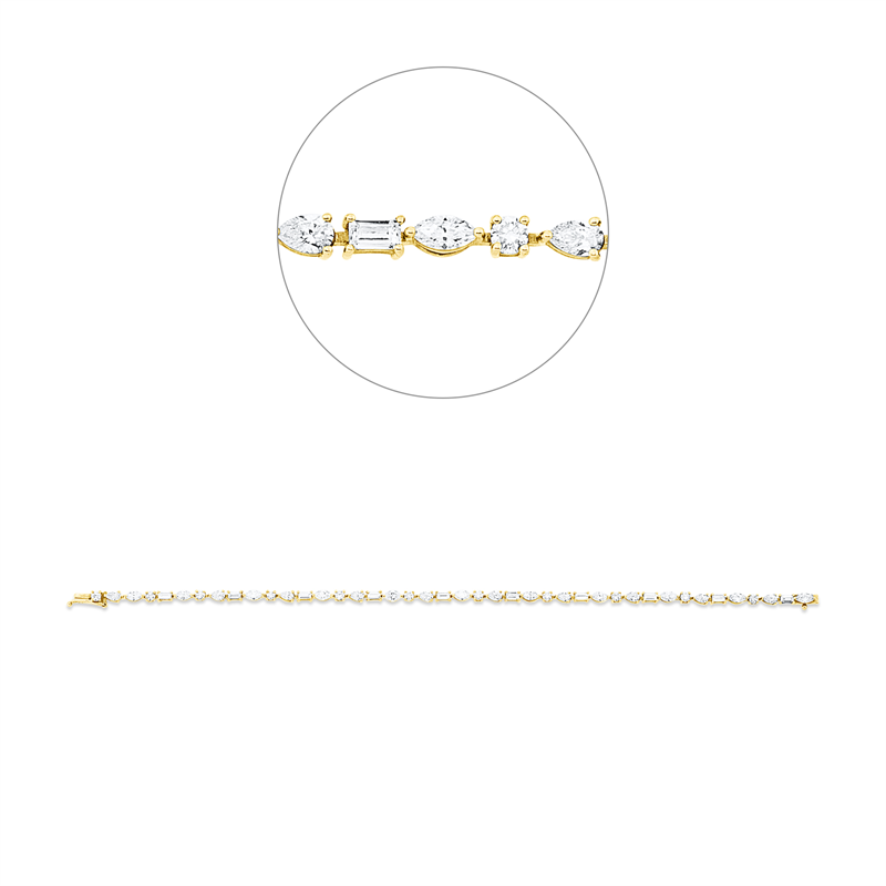 Armband 18 kt GG, 11 Nav. 1,21 ct, 10 Tropfen 0,87 ct, 10 Bag. 0,63 ct, 11 Brill. 0,62 ct, TW-si
