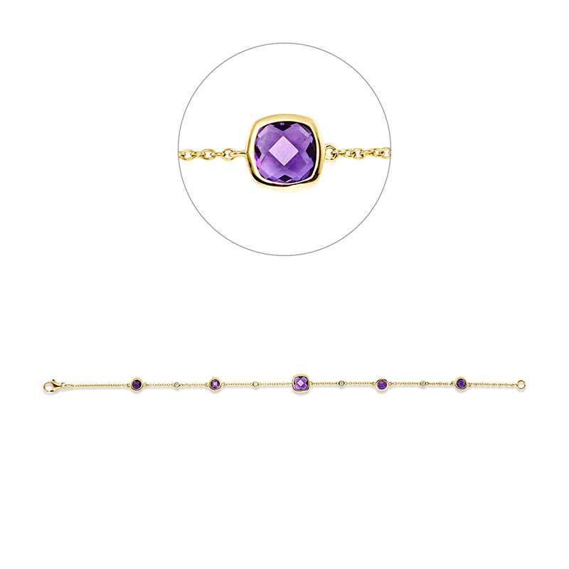 Armband 18 kt GG, 4 Brill. 0,06 ct, TW-si, 1 Amethyst 0,90 ct lila, 4 Amethyste 0,95 ct lila