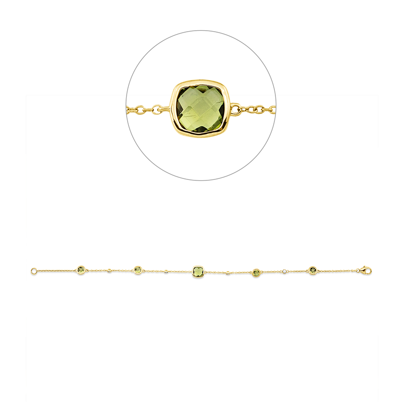 Armband 18 kt GG, 4 Brill. 0,06 ct, TW-si, 1 Peridot 1,06 ct, 4 Peridot 1,07 ct