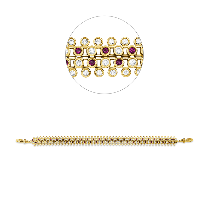 Armband 14 kt GG, 144 Brill. 2,03 ct, TW-si, 24 Brill. 0,12 ct, TW-si, 48 Rubine 0,97 ct rot