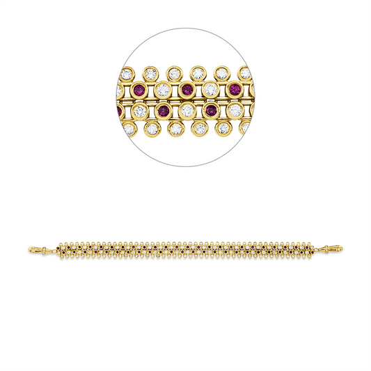 Armband 14 kt GG, 144 Brill. 2,03 ct, TW-si, 24 Brill. 0,12 ct, TW-si, 48 Rubine 0,97 ct rot
