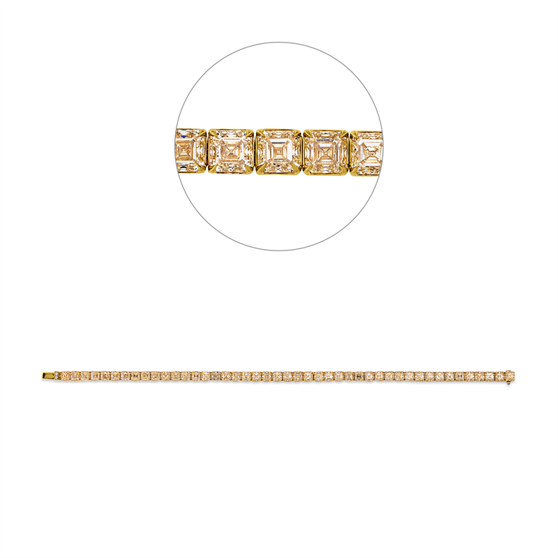 Armband 18 kt GG, 45 Assher 15,03 ct, gelb, 2 Brill. 0,01 ct, TW-si