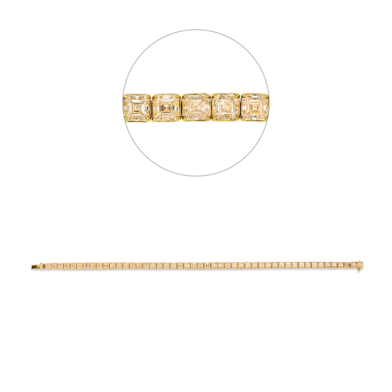 Armband 18 kt GG, 48 Assher 10,86 ct, gelb, 2 Brill. 0,02 ct, TW-si
